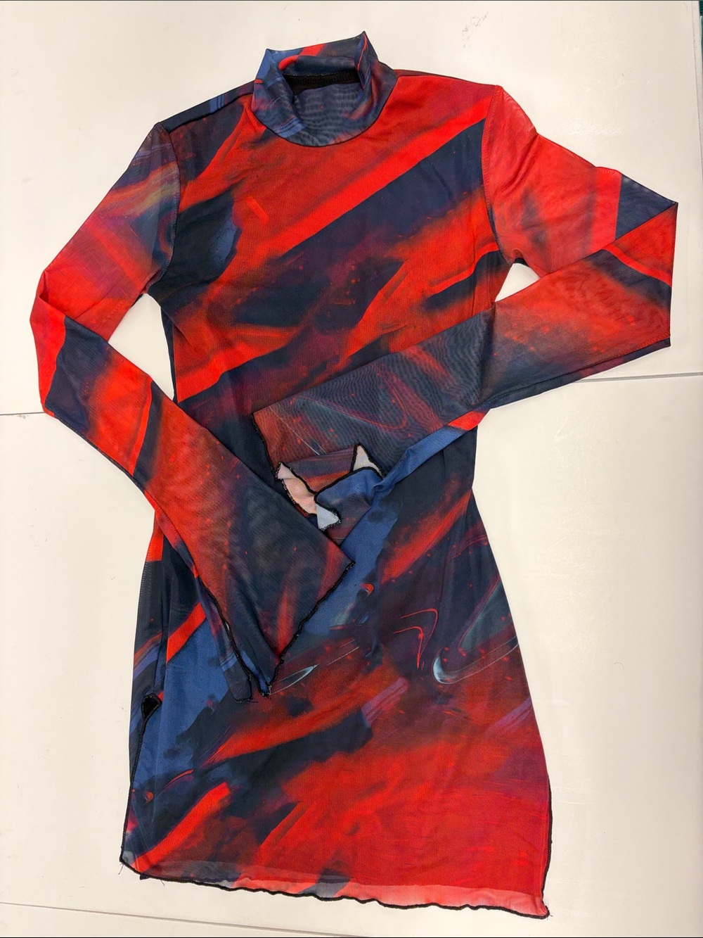 Edikted Long Sleeve Mock Neck Mesh Dress in Red and Blue Size Medium